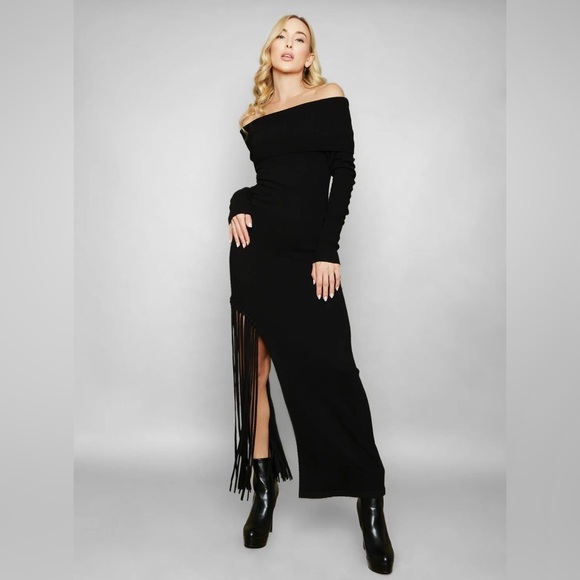 NWT Solgo Atelier Peris Cashmere Dress | Black Cashmere Long Sleeve Maxi Fringe - Picture 2 of 11